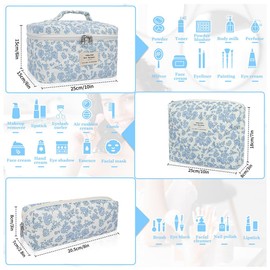 STORICANS Makeup Bag,Cosmetic Bag Travel 3Pcs Floral Cotton Quilted Makeup Bag Large Quilted Portable Toiletry Organiser Bag Makeup Pouch Light Blue Flower(Large+Medium+Pouch)