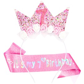 Vovii 7th Birthday Decorations for Girls, Birthday Girl Headband & Glitter Sash Set for 7 Year Old Girl Birthday Decorations, Birthday Flower Princess Crown Headband for Happy 7th Birthday Girl Outfit