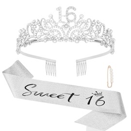 Semato Birthday Crown and Sweet 16 Sash Glitter Kit for Girls - Silver Metal Costume Circlet, Gold Shiny Cloth Sash with Pearl Pin - 16th Birthday Party Supplies and Favors