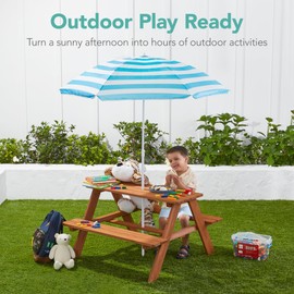 Best Choice Products Kids Wooden Picnic Table, Outdoor Activity & Dining Table w/Adjustable Collapsible Umbrella, Built-in Seats - Golden Brown/Aqua
