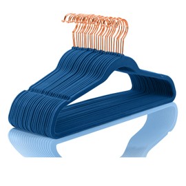 MIZGI Premium Velvet Hangers (50 Pack) Heavy Duty - Non Slip Felt Hangers - Velvet Suit Hanger Mediterranean Blue - Rose Gold Hooks,Space Saving Clothes Hanger