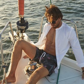 MaaMgic Mens Swim Trunks Stretch Shorts Quick Dry with Mesh Lining Swimwear Bathing Suits,Palm Geometrical Black,Large