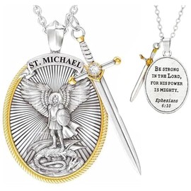 Audday St. Michael Pendant for Men Saint Michael Archangel Pendant Necklace Sword Cross Medal For Men And Women