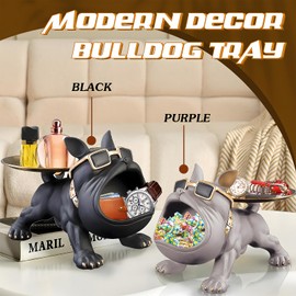 Huhote Resin French Bulldog Tray Statue, Bulldog Candy Dish Key Holder Bowl, French Bulldog Accessories, Statues For Office Desk Home Decor Figurines Entryway Table Decor (Black)