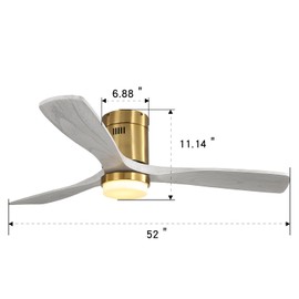 Benicabaly 52 Inch Decorative LED Ceiling Fan with Remote Control, Dimmable Light, 6 Speed Settings, Solid Wood Blades, Gold