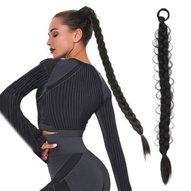 Traziewell Hair Braids Long Braided Ponytail Extension with Hair Tie 24 inch Natural Black Straight Wrap Around Hairpiece for Women Synthetic Hairpieces for Daily Wear 3419