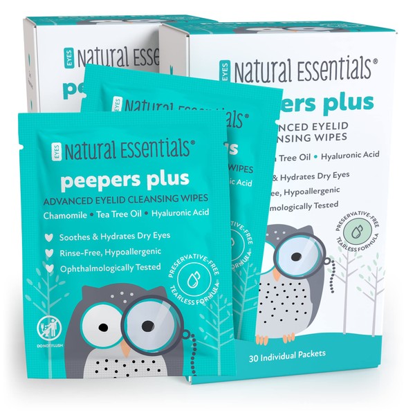Peepers Plus Advanced Eyelid Wipes by Natural Essentials, Individually Wrapped Eye Wipes for Daily Use, Made with Hydrating & Moisturizing Hyaluronic Acid & Tea Tree Oil to Soothe Red Eyes, Dry Eyes and Blepharitis & Conjunctivitis (2pk, 60 Count)