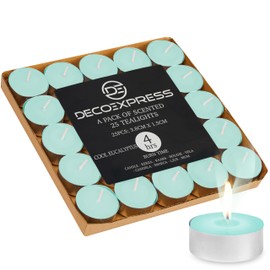 DECO EXPRESS Tealight Candles Multipack of 200, 100, 50, 25 or 24, Burning Time 4, 8 or 10 Hours - Tea Lights Candles (Cool Eucalyptus 25/4 Hour)