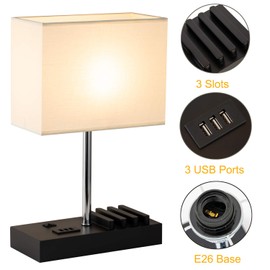 Briever USB Table Lamp, Multi-Functional Bedside Desk Lamp with 2 AC Outlets, 3 USB Charging Ports and Wooden Phone Stand Organizer, Ideal Nightstand Lamp for Bedroom, Guest Room, Office