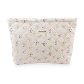 Yovell Quilted Makeup Bag Floral Makeup Bag Cute Make Up Pouch Travel Organizer Toiletry Cotton Cosmetic Bags for Women Girls (Flower Pink/Yellow)