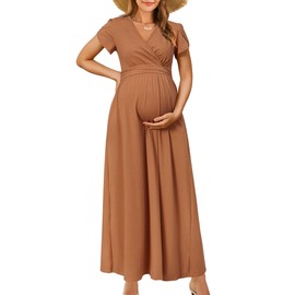 OUGES Short Sleeve Summer Maternity Maxi Dresses for Women 2025 Wrap V Neck Wedding Guest Dress Casual Spring Long Dress(Mocha,M)