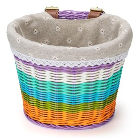 CXWXC Kids Bike Basket - Front Bicycle Bike Basket for Girls - Handmade Woven Wicker Bike Baskets with Liner Detachable, Adjustable PU Straps (Rainbow)