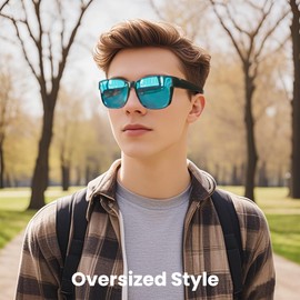 Lumiha Fit Over Sunglasses Polarized UV Protection, Lightweight & Space-Saving for Outdoor Driving, Slimming Unisex Design (Shiny Black Frame, Blue)