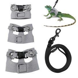 Bearded Dragon Harness and Leash Set, 3 Size Adjustable Soft Leather Reptile Leash, Lizard Harness with Retractable, Small Animal Outdoor Walking Vest with Traction Rope, 3 Pack, Grey