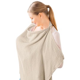 Muslin Nursing Cover for Baby Breastfeeding, Breathable Cotton Breastfeeding Covers with Rigid Hoop for Mother Nursing Apron, Multi-Use as Car Seat Canopy and Stroller Cover(Color:Khaki)