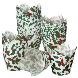 Uiifan 200 Pcs Holly Christmas Tulip Cupcake Liners Christmas Cupcake Wrappers Holly Muffin Liners Holders Tulip Cupcake Wrappers for Christmas Party Decoration