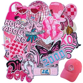 30pcs Embroidered Patches Pink Theme Iron on Patches for Clothes Trucker Hat Patches Bulk Cool Girl DIY Sew On/Iron on Patch Applique for Backpacks Jacket Pants Jeans Dress DIY Accessories(Pink)