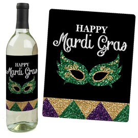 Big Dot of Happiness Mardi Gras - Masquerade Party Decorations for Women and Men - Wine Bottle Label Stickers - Set of 4