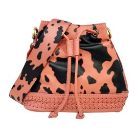 Myra Bag Drawstring Bucket Bag for Women - Western Leather Cow Print Purse - Coral Pink