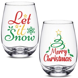 Domensi 2 Pcs Christmas Wine Stemless Glasses 15 oz Funny Christmas Drinking Glasses Xmas Lights Elf Santa Jingle Holiday Wine Glass for Women Mom Coworker Friends Family Birthday Party Gift (Vivid)