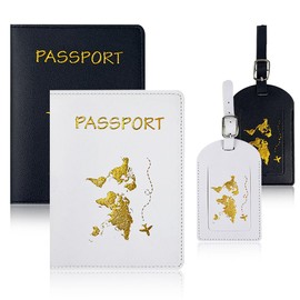 KUIZHEN Passport Holder, 4-Piece Passport Holder and Suitcase Tag Set, PU Leather Luggage Tag, Passport Cover for Credit Cards, ID and Travel Documents, Black / White, black, white, Modern