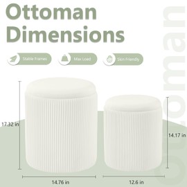 Round Ottoman with Storage Set of 2,Vanity Stool with Storage for Bedroom, Ottoman Coffee Table,Small Velvet Foot Stool for Living Room, White