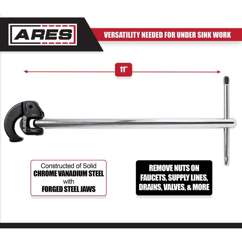 ARES 33004 - 11-Inch Basin Wrench with Adjustable Jaw -