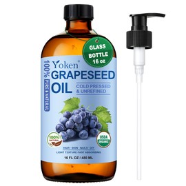 Yoken Organic Grapeseed Oil 16 oz GLASS BOTTLE - USDA 100% Pure & Natural Cold Pressed Grape Seed Carrier Oil for Skin & Hair - Single Ingredient, Hexane Free, Light & Silky Body Moisturizer