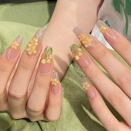 24PCS Press on Nails，Fake Nails， Glue on Nails， Reusable Short Long French Tips False Nails Acrylic Stick on Nails for Women Girl (Long Tulip)