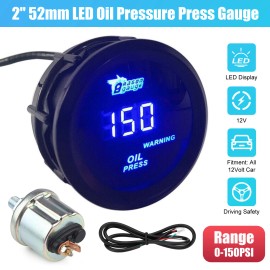 Wowpartspro Universal 2" 52mm Car Tachometer Blue LED Digital Tacho Gauge Meter 0-150PSI RPM