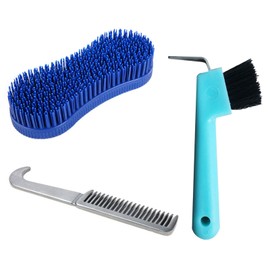 NIYATA 3Pcs Horse Grooming Brush,Horse Brushes for Grooming,with Horse Mane Comb and Horse Hoof Pick Brush,for Horse Grooming Care,Multifunction and Durable,Blue