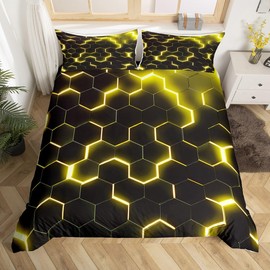 Yellow Black Geometric Comforter Cover Neon Hexagon Honeycomb Bedding Set for Boys Kids Teen Men Reversible Black,Modern Geometry Duvet Cover Geometrical Beehive Quilt Cover Single
