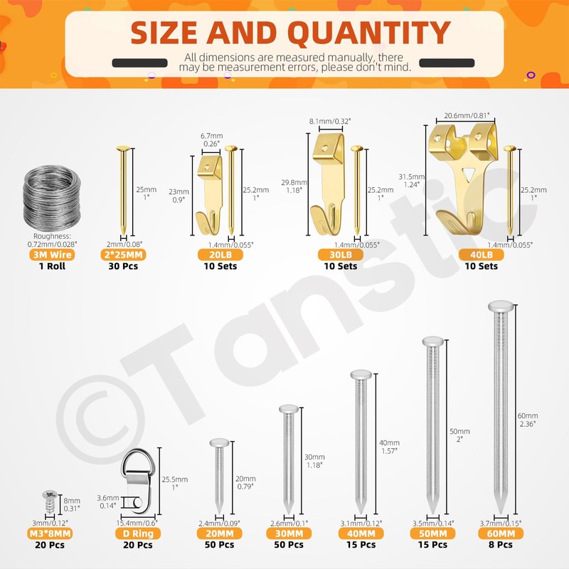 Tanstic 239 Pieces Picture Hanging Kit, Picture Hanger with D-Ring,