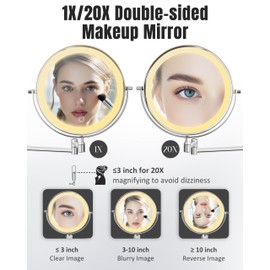 Wall Mounted Makeup Mirror with Light, 20X/1X 8'' Double Sided LED Magnifying Bathroom Lighted Vanity Mirror with Magnification, 3 Color Light up Touch Dimmable Extended Arm 360 Rotation