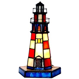 Bieye L11005 Lighthouse Tiffany Style Stained Glass Accent Table Lamp Night Light for Home Decoration (6x6x10, Red)