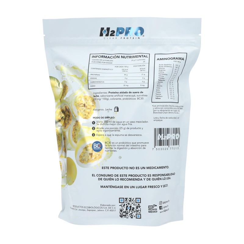 Suplemento Alimenticio H2PRO Clear Protein con Probioticos (500 gr, Maracuya)