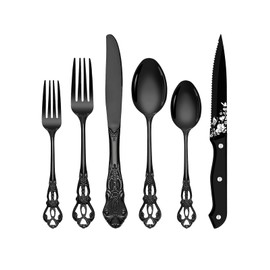Stapava 48 Pcs Black Silverware Set with Steak Knives, Gorgeous Retro Royal Silverware Set for 8, Stainless Steel Mirror Flatware Cutlery Set, Include Forks Spoons and Knives set, Dishwasher Safe