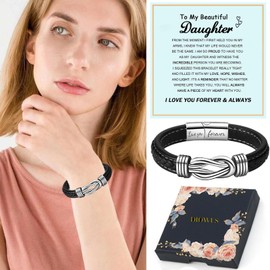 DIOWUS To My Daughter Love You Forever Bracelet, Mother and Daughter Braided Leather Inspirational Wristband Stainless Steel Infinity Knot Engraved Bangle Gift from Mom (Love You Forever)