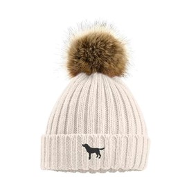The House Of Dog Black Labrador Retriever Owner Gift. Faux Fur Pom Pom Chunky Knit Super Soft Unisex Embroidered Beanie Hat Oatmeal