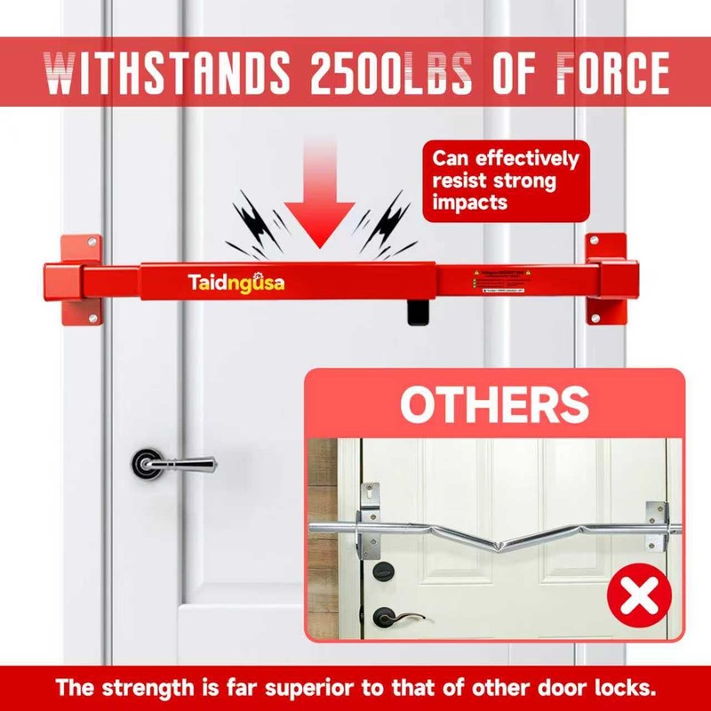 Door Security Bar - 32"-42" Adjustable, 2500 lbs, Keyed Lock