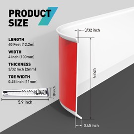 FCSOTSPS Baseboard Trim, 4 Inch(W) x 40 Feet(L) Flexible Baseboard Molding Trim,Self Adhesive Vinyl Baseboard Cove Base,Peel and Stick Wall Base Boards with 1 PCS Utility Knife,White