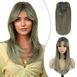 QUEENTAS Hair Topper 20Inch Straight Brown Synthetic Hair for Thinning Hair Women Clip in Wig Add Volume (Brown to Cyan Gray)
