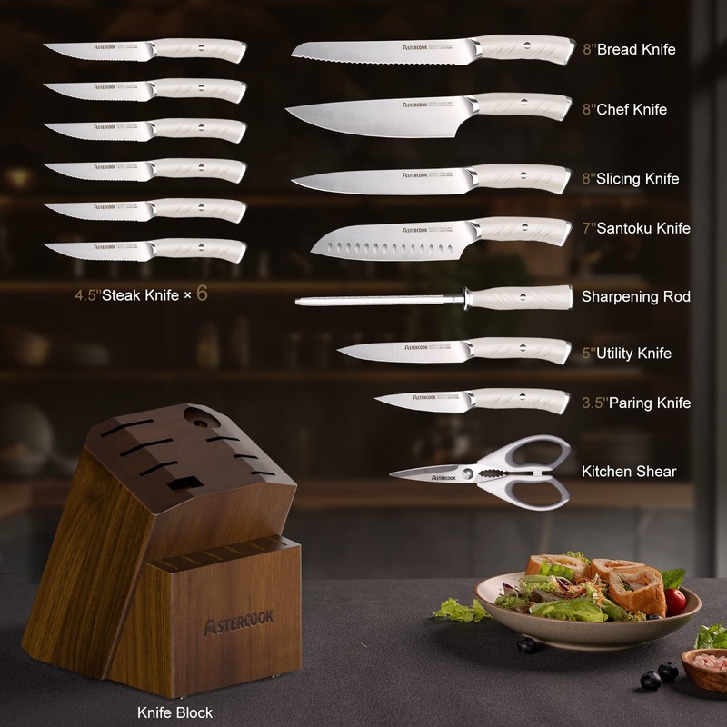 Knife Set, Astercook Kitchen Knife Set with Block, 15 Pcs