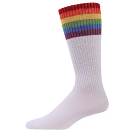 MeMoi Men's Colorful Rainbow Striped Cuff Rugby Crew Sock White 10-13