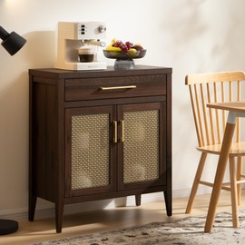 SICOTAS Sideboard Buffet Storage Cabinet, Wooden Accent Cabinet with Metal Mesh Doors and Drawer, Mid Century Modern Console Coffee Bar for Living Room Entryway, Espresso Walnut