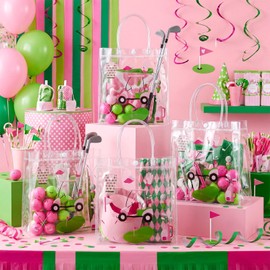 Sweetude 24 Pieces Golf Gift Goodie Bags with Handles 8x8x3.15 Inch Pink and Green PVC Golf Theme Party Favor Clear Treat Bags Bulk for Sports Party Competition Team Birthday Gifts
