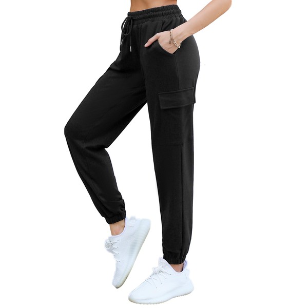 Bresdk Women's Cotton Jogging Bottoms High Waist Jogging Bottoms Running Sports Clothing Pockets Cargo, Black