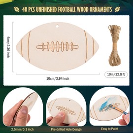 AWIZOM 48 Pcs Wooden Football Cutouts Unfinished Wood Football Shaped Ornaments Blank Wood Tags Sports Wooden Hanging Decoration with Twine for DIY Craft Painting Sport Themed Party Decor,3.94x2.36
