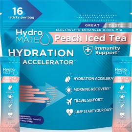 HydroMATE Electrolytes Powder Low Sugar - 16 Count Peach Tea Daily IV Instant Hydration Packets with Vitamin C to Boost Energy - Low Sugar Electrolytes Powder Packets to Support Hydration Recovery