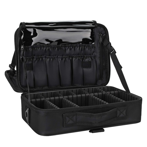 Relavel Makeup Bag Travel Makeup Train Case 13.8 inches Large Cosmetic Case Professional Portable Makeup Brush Holder Organizer and Storage with Adjustable Dividers and Shoulder Strap Black